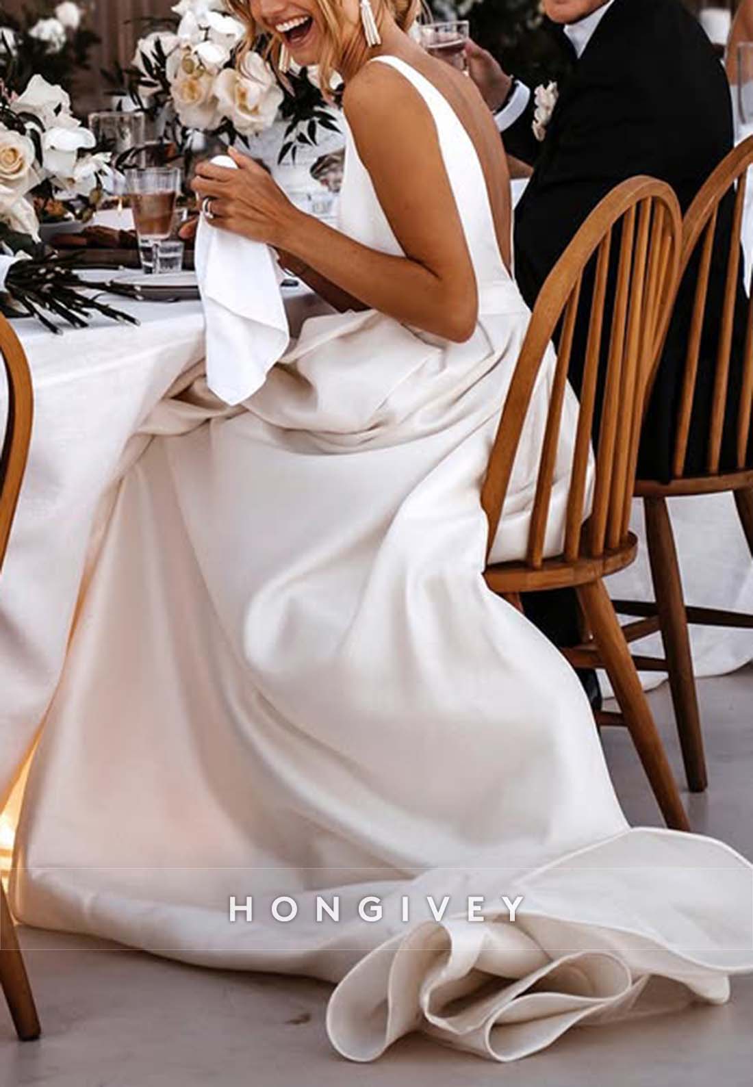 High Slit Court Train V Neck A-line Waistband Cap Straps V Back Wedding Dresses