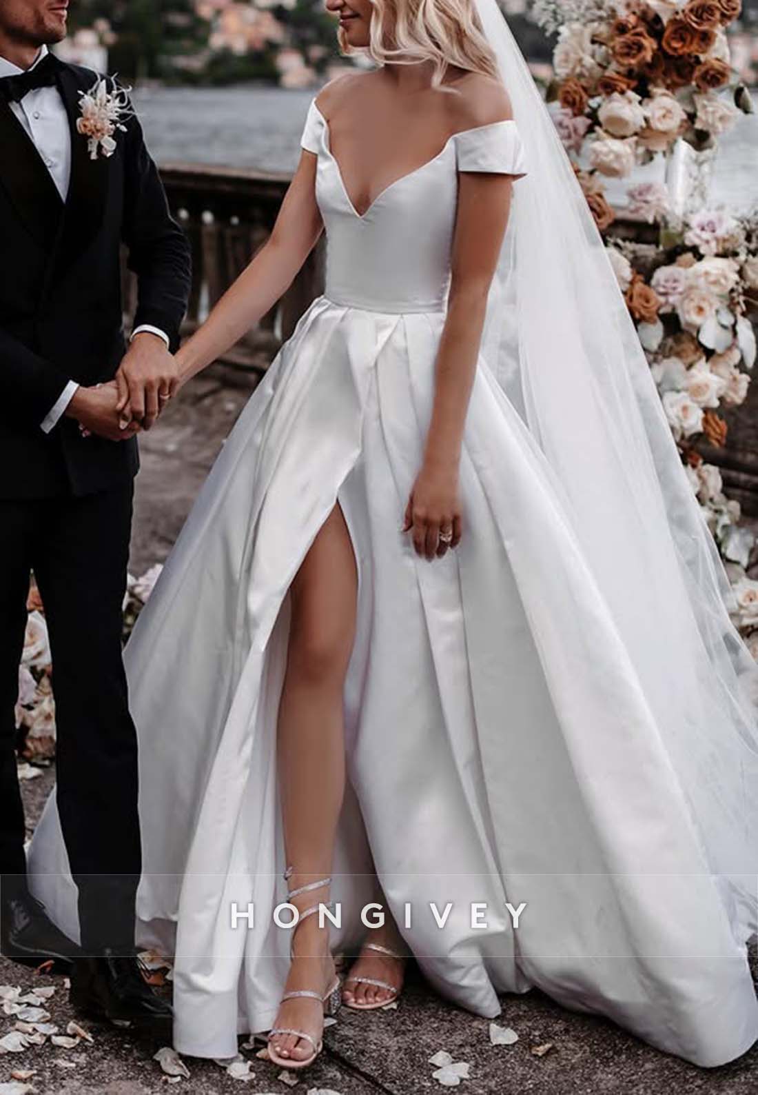 Off the Shoulder High Slit V Neck A-line Court Train Wedding Dresses