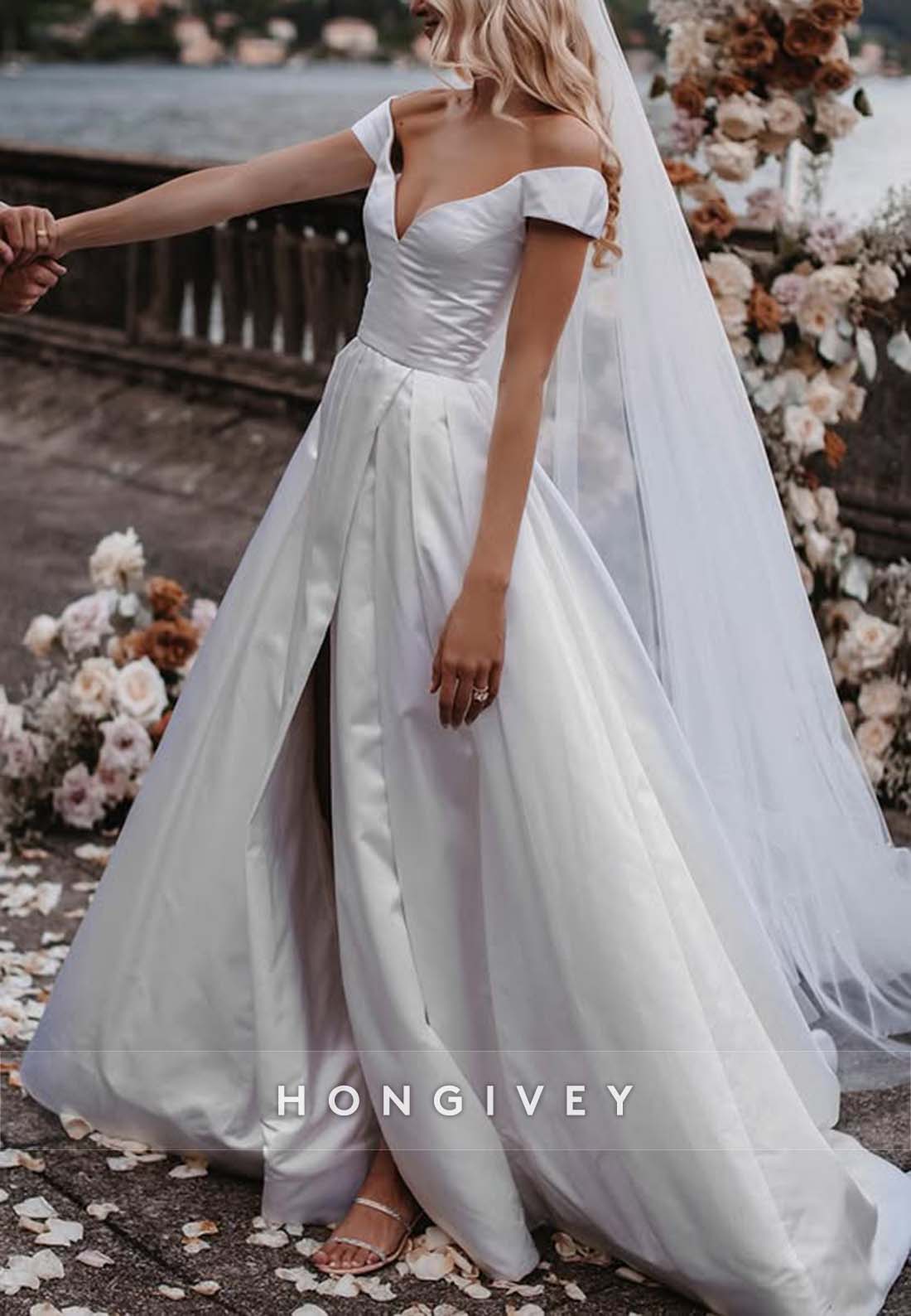 Off the Shoulder High Slit V Neck A-line Court Train Wedding Dresses