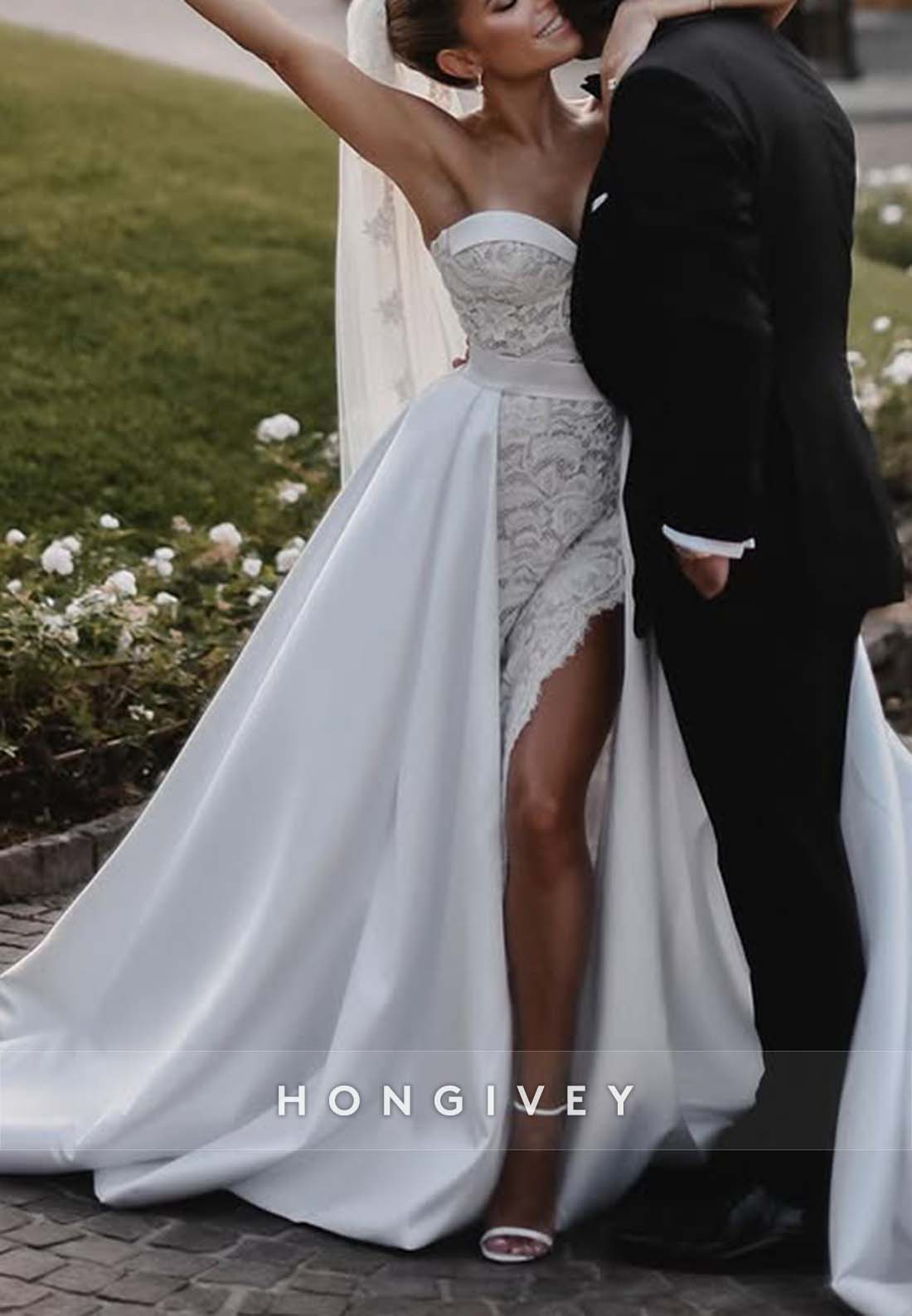 High Slit Lace Strapless Sweetheart Princess Ornate Wedding Dresses