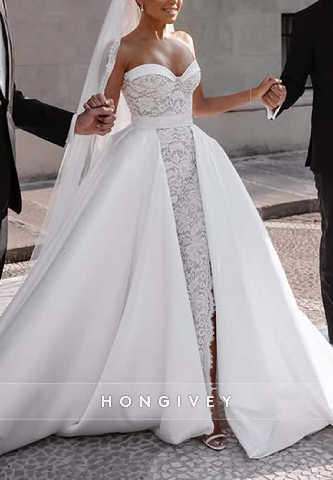 High Slit Lace Strapless Sweetheart Princess Ornate Wedding Dresses