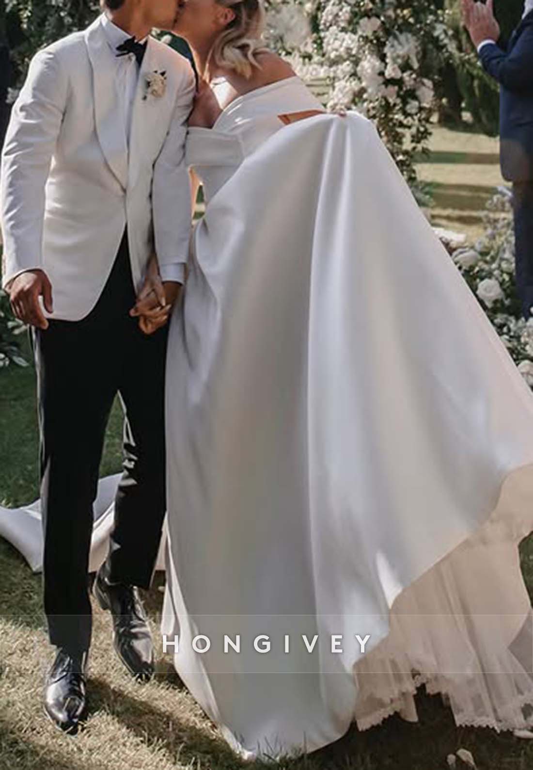 Elegant Off the Shoulder Empire Pleated Satin Chapel Train Wedding Dresses