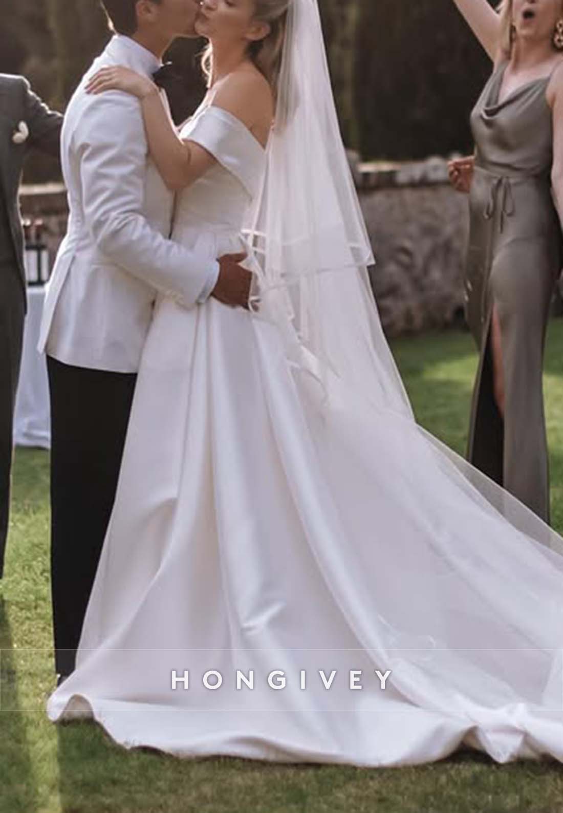 Elegant Off the Shoulder Empire Pleated Satin Chapel Train Wedding Dresses