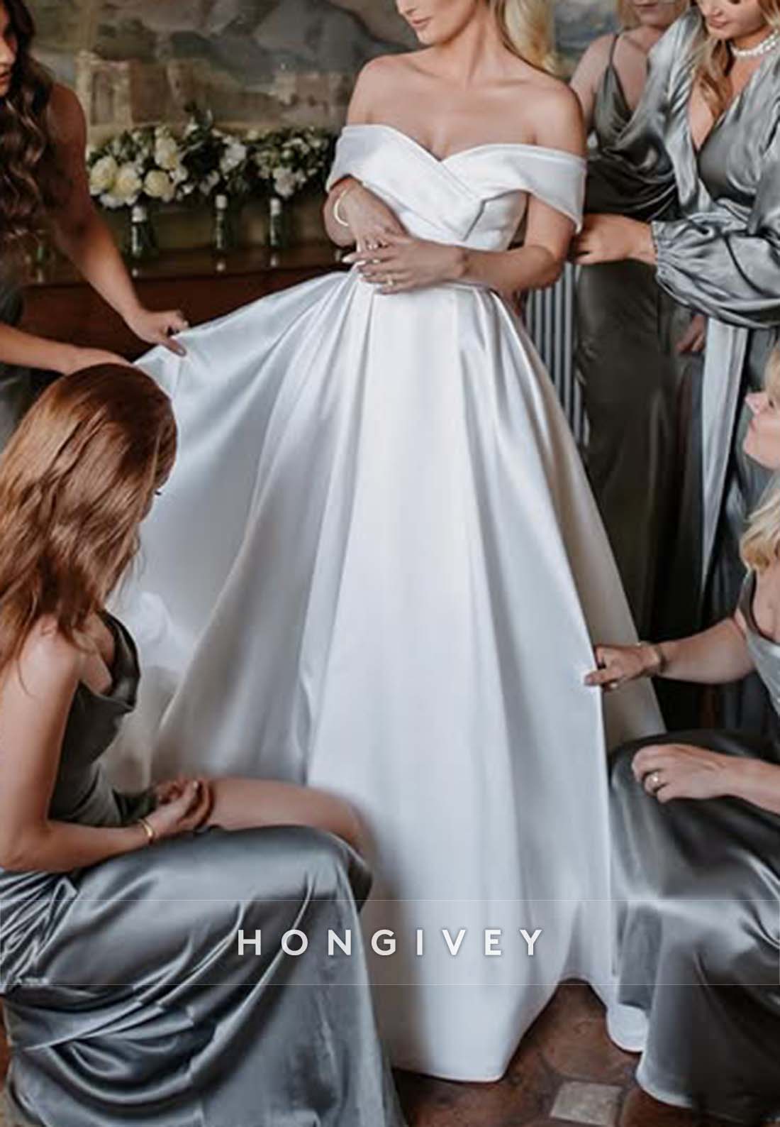 Elegant Off the Shoulder Empire Pleated Satin Chapel Train Wedding Dresses