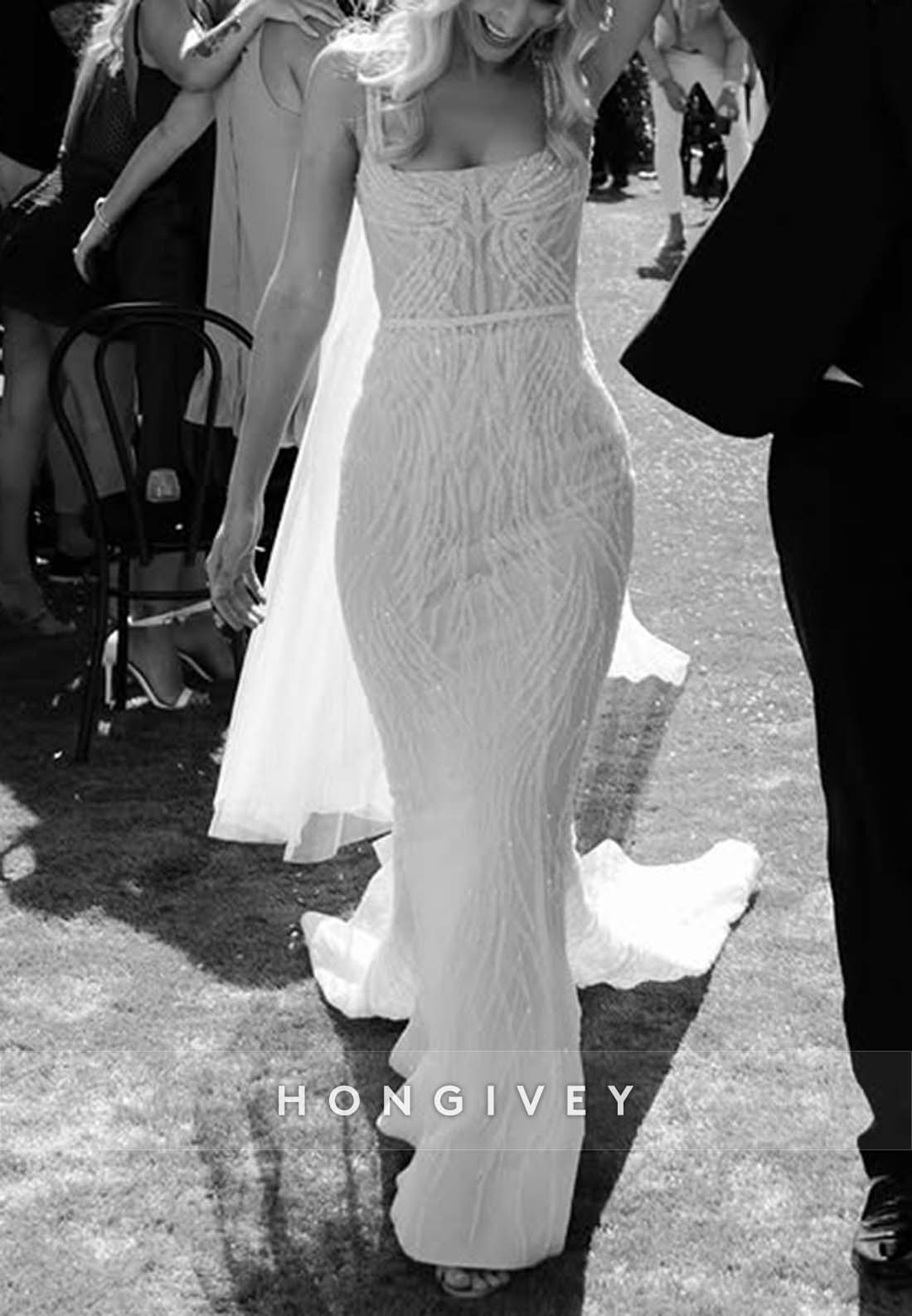Backless Regular Straps Sleeveless Sheath Square Beading Wedding Dresses