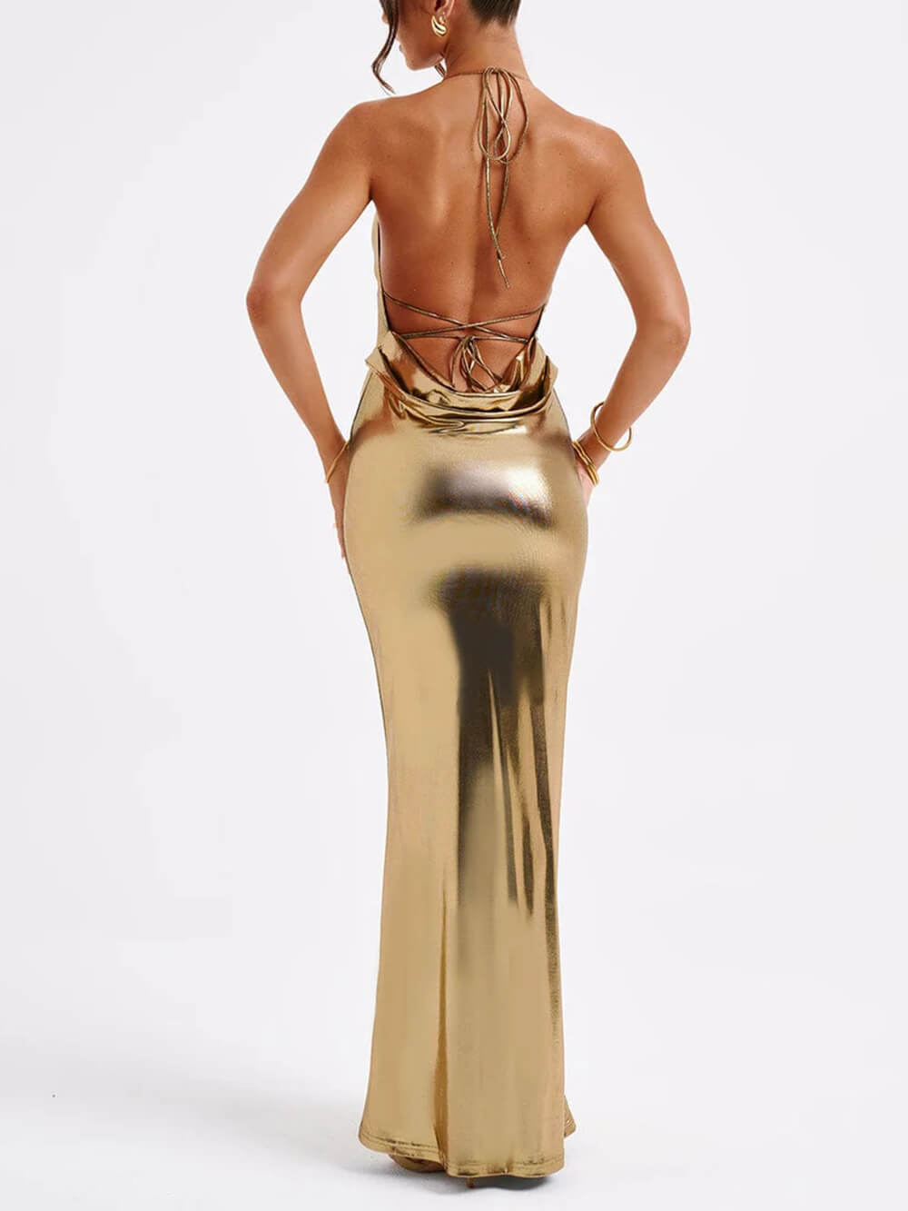 Spring Swing Collar Glossy Metallic Backless Maxi Dress - Fashionpara