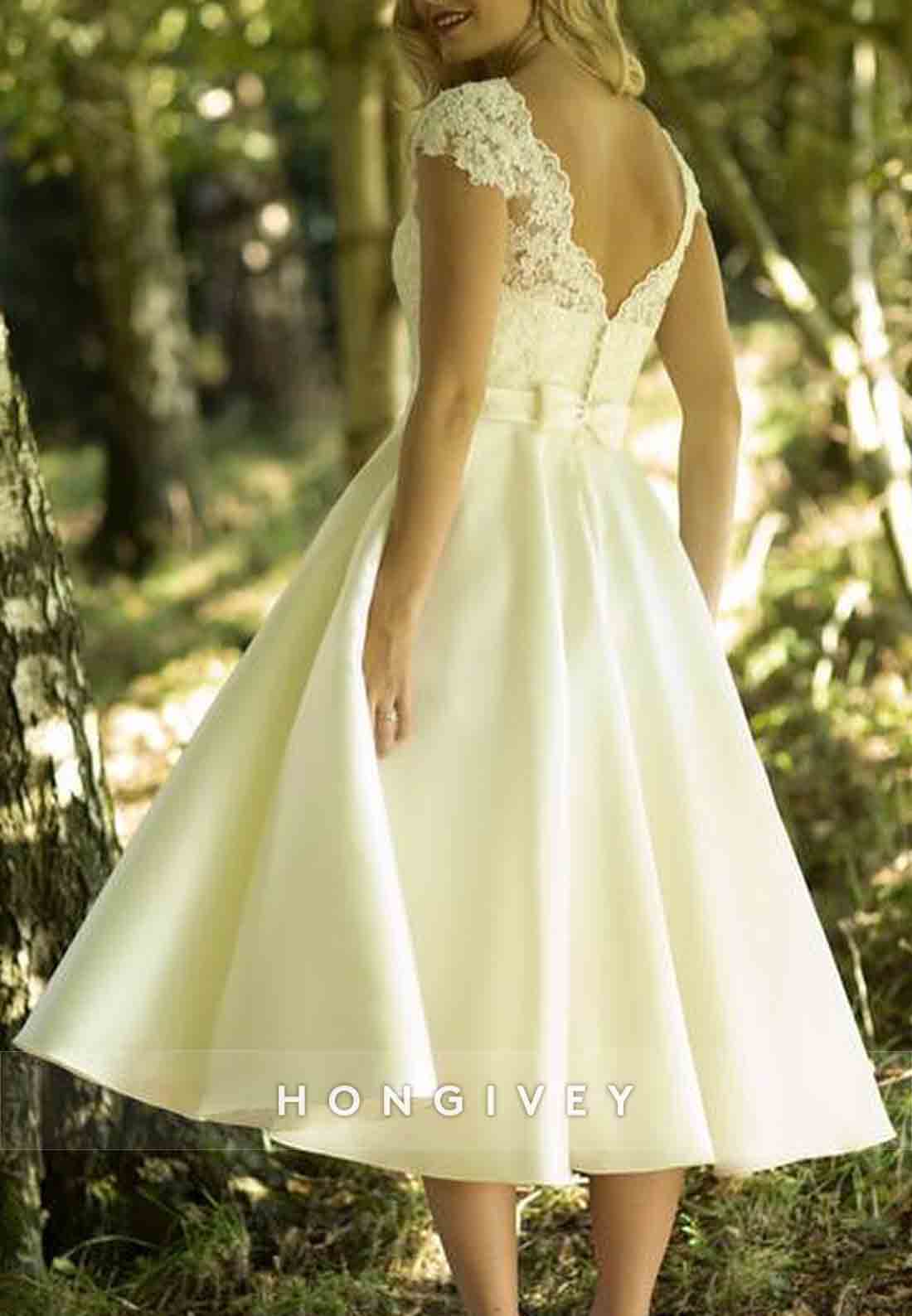 Pleated A-line Tea-Length Lace Cap Sleeves Scalloped Neck Wedding Dresses