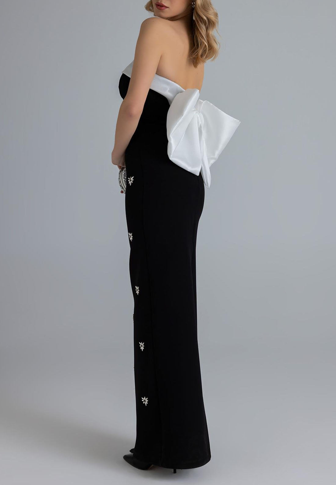 Bowknot Rhinestone Strapless Floor-Length Column Low Back Evening Gown