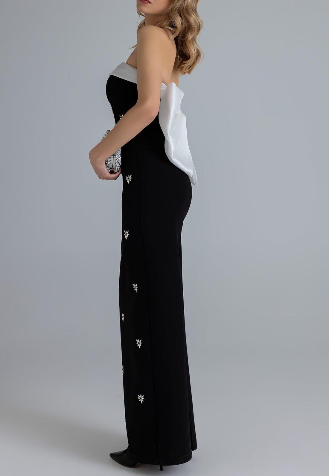 Bowknot Rhinestone Strapless Floor-Length Column Low Back Evening Gown