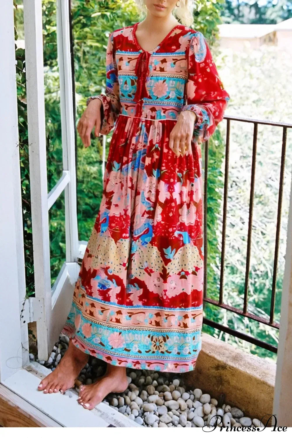 Tassel Red Floral Print Rayon Cotton Pleated Long Maxi Boho Sundress Green / S bohodress-250126