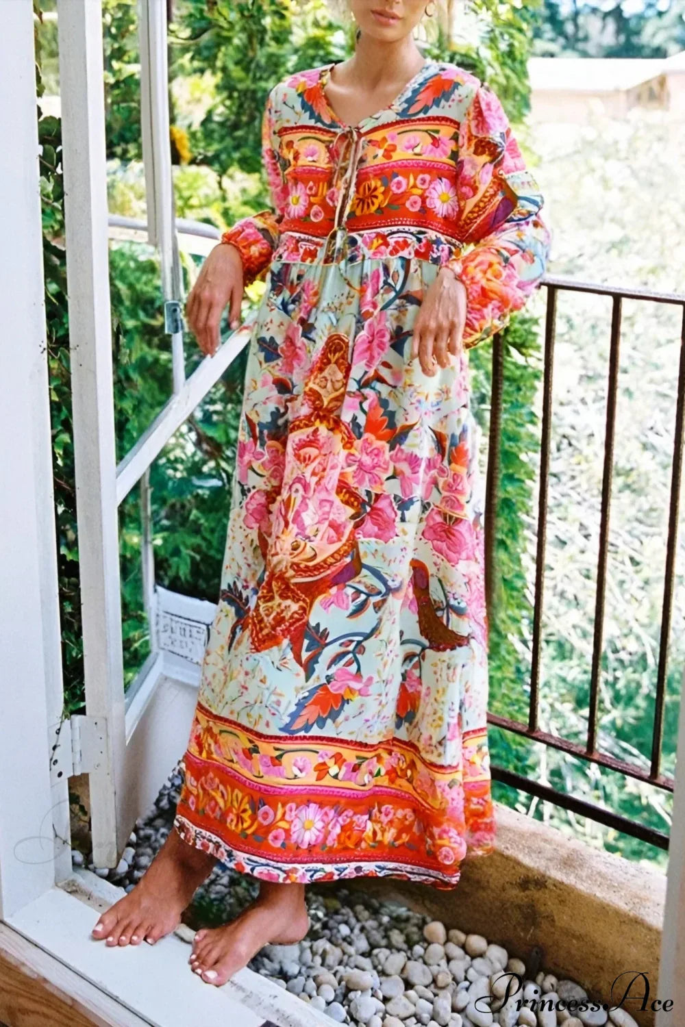 Tassel Red Floral Print Rayon Cotton Pleated Long Maxi Boho Sundress Red / S bohodress-250126