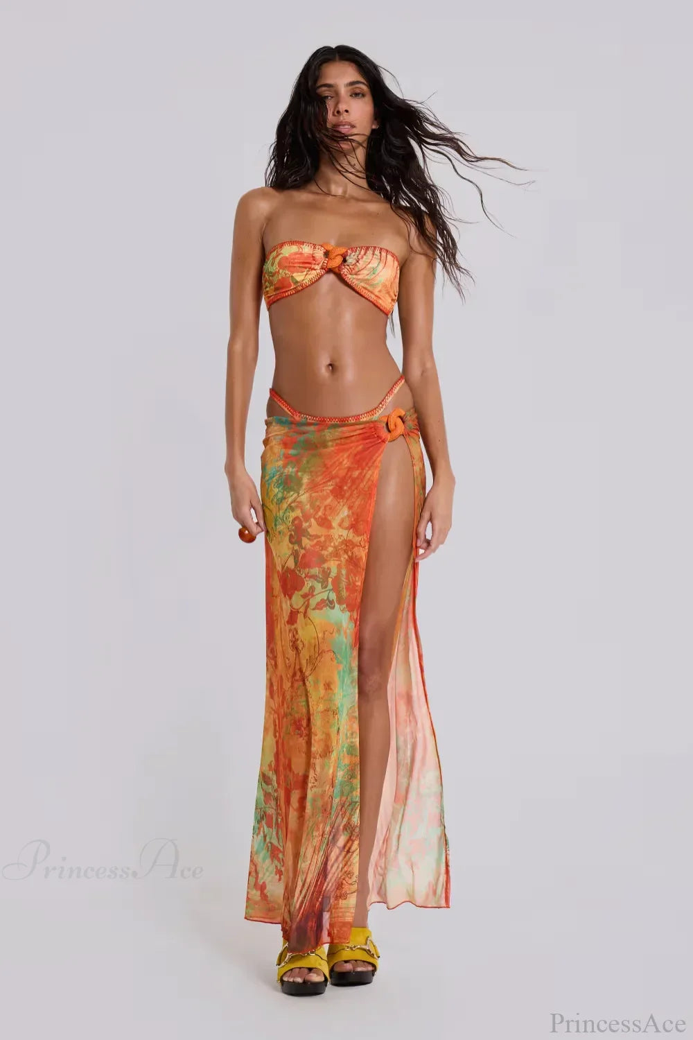 Tassel Skirt Beach Style Long Bikini Set orange / S