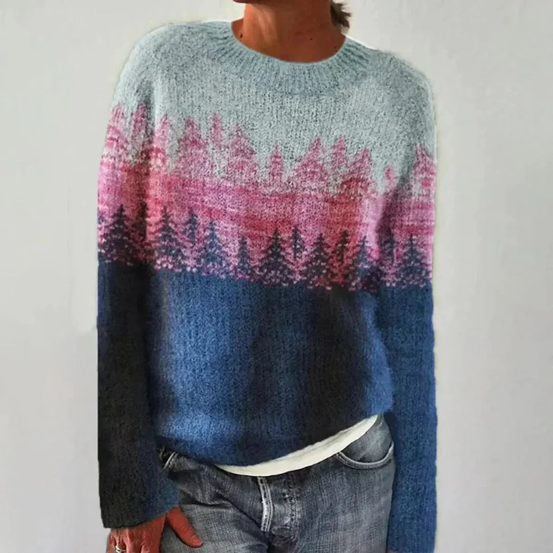 Crew Neck Long Sleeve Forest Tree Print Knit Sweater