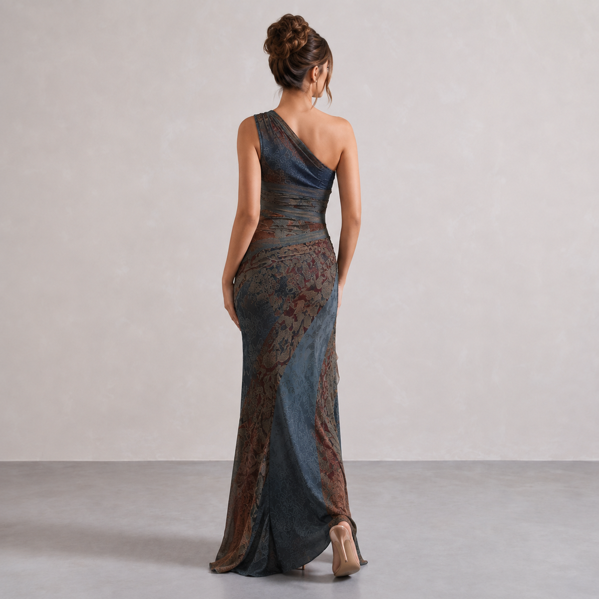 One Shoulder Floral Burnout Ruffle High Split Maxi Dress 18