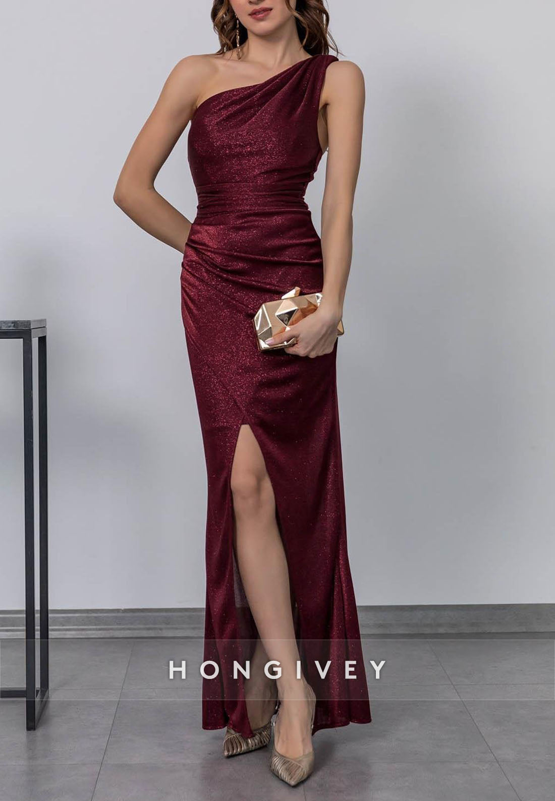 Ankle-Length Formal Dresses One Shoulder Column Glitter Pleated Evening Gown