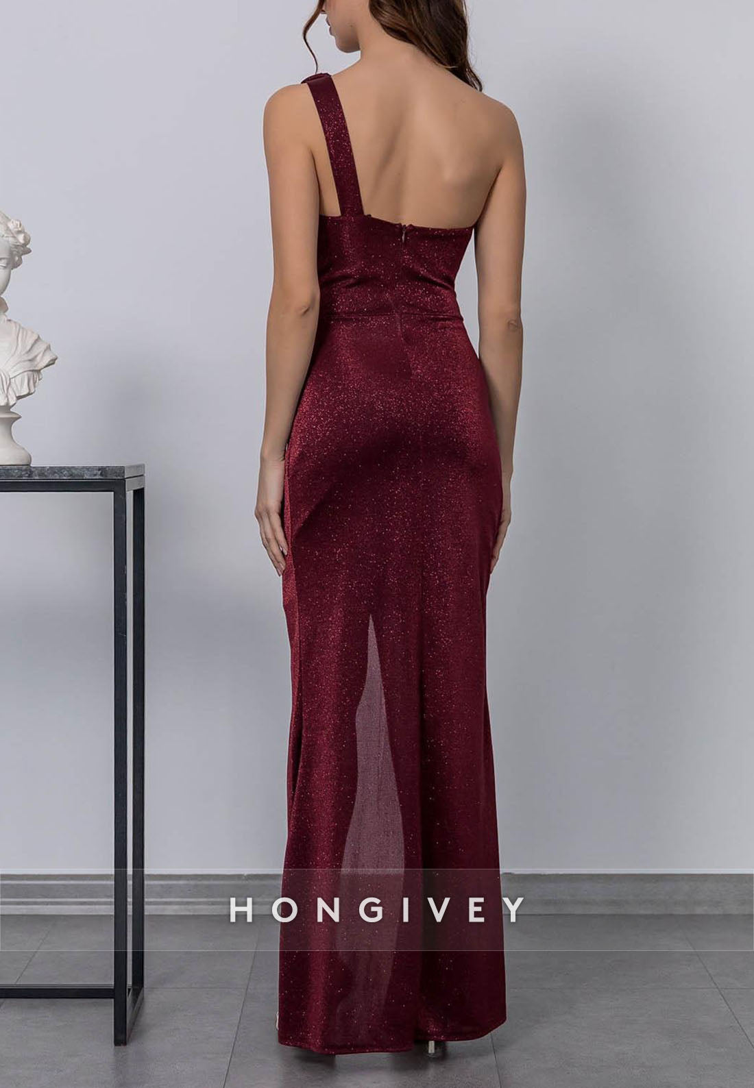 Ankle-Length Formal Dresses One Shoulder Column Glitter Pleated Evening Gown