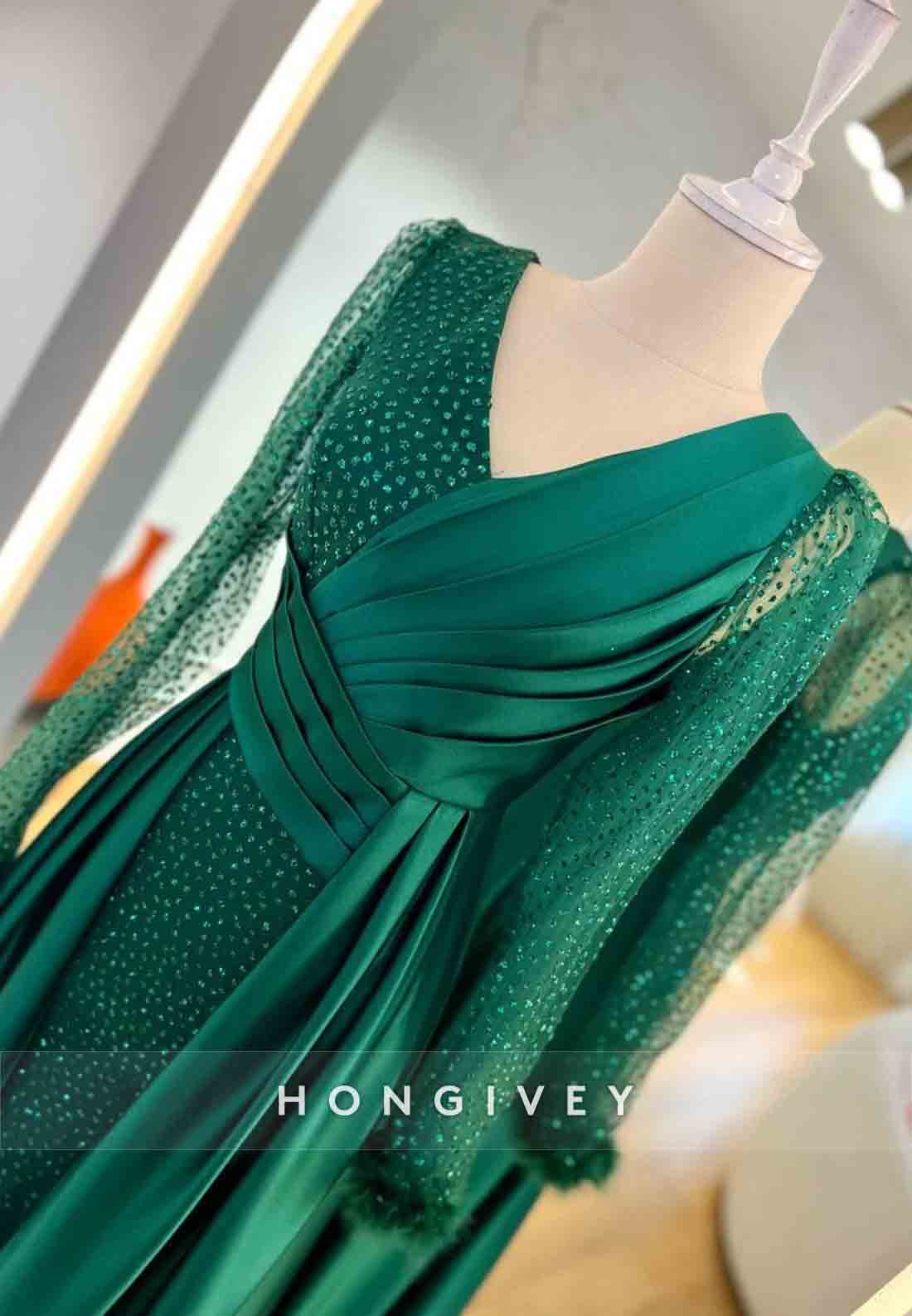 Long Sleeve V Neck Feather Pleated A-line Evening Gown Beading