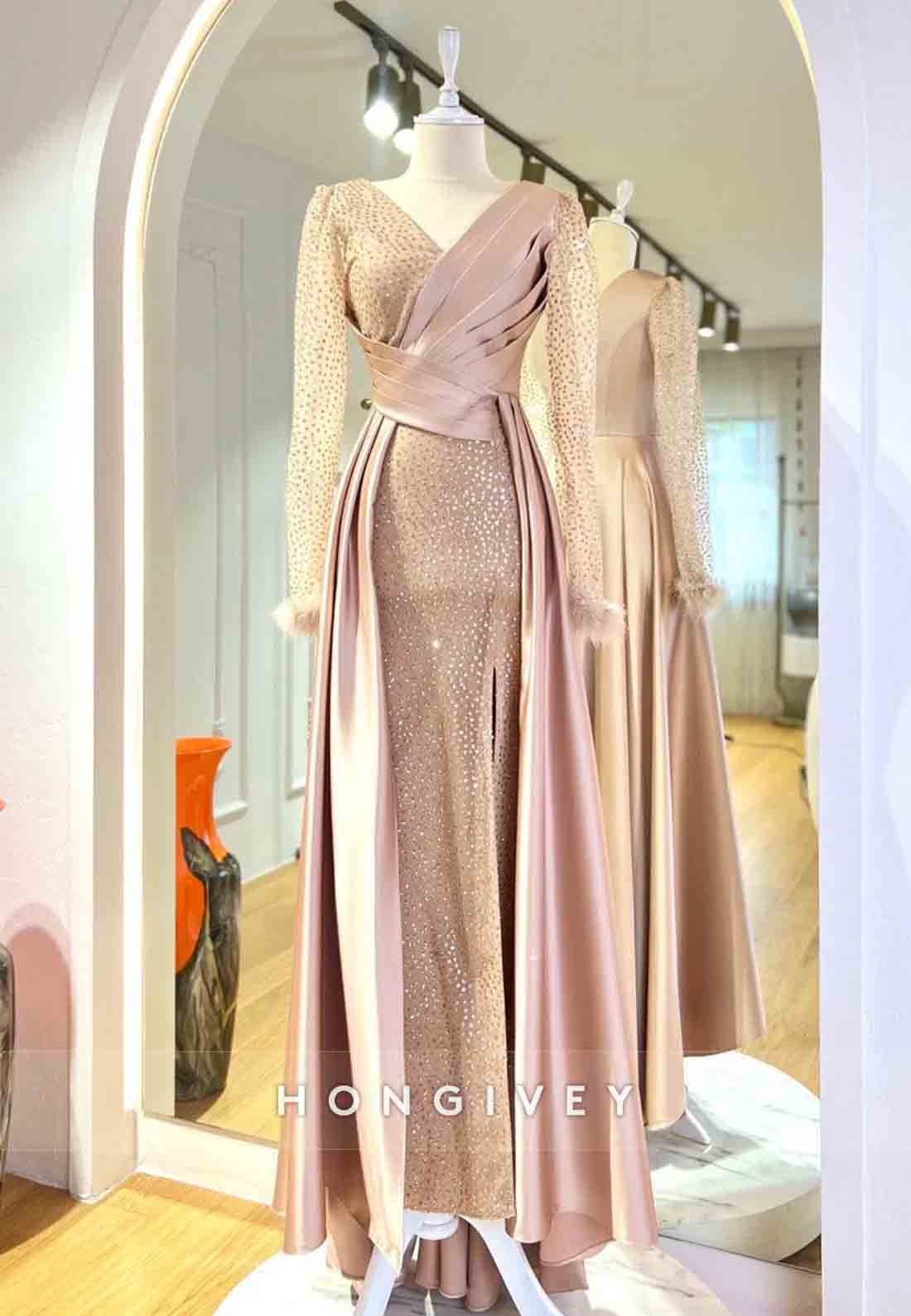 Long Sleeve V Neck Feather Pleated A-line Evening Gown Beading