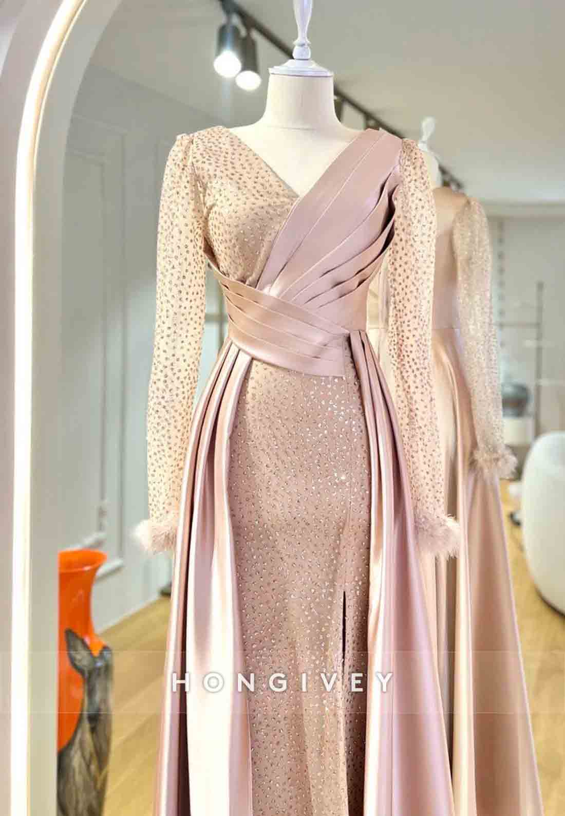 Long Sleeve V Neck Feather Pleated A-line Evening Gown Beading