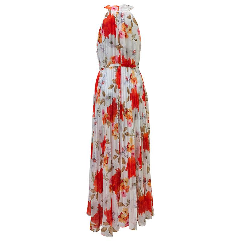 Floral Print Halter Neck Pleated Maxi Dress