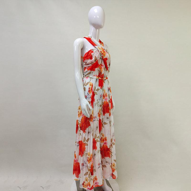 Floral Print Halter Neck Pleated Maxi Dress