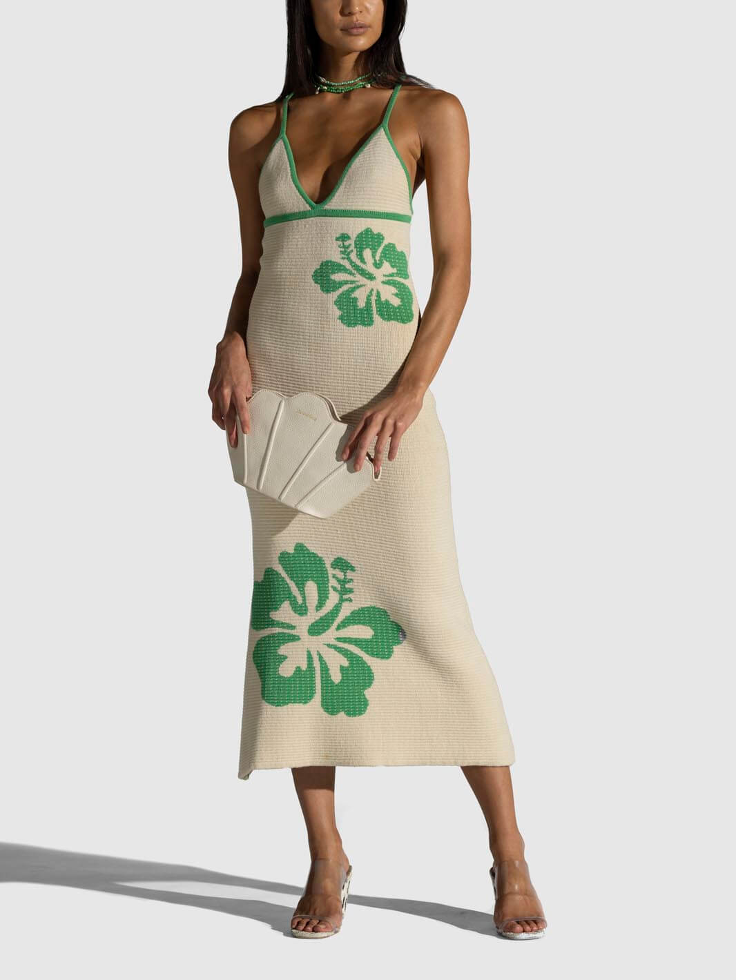 Ribbed Knit Shell Print V-Neck Slip Midi Dress 4