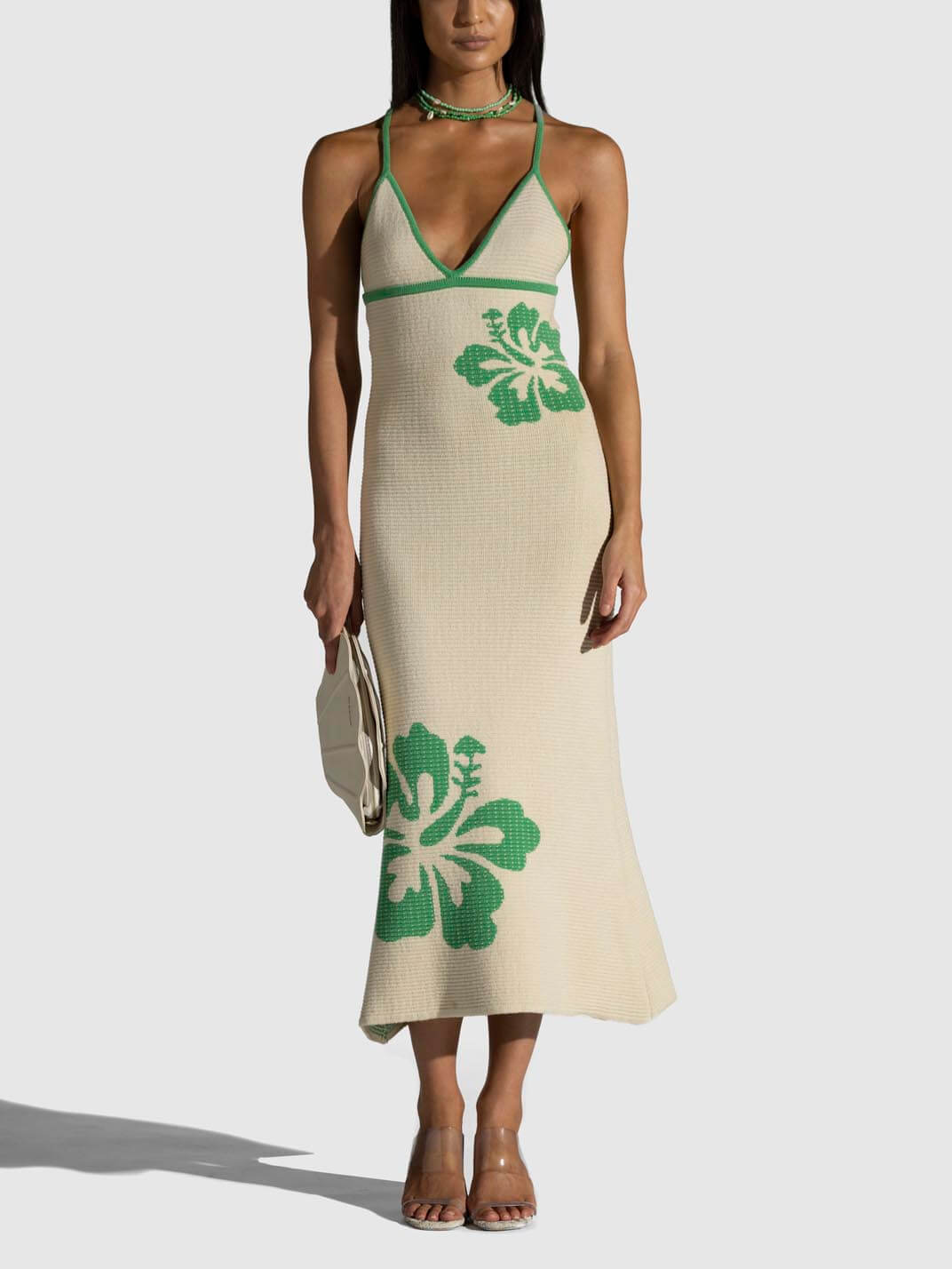 Ribbed Knit Shell Print V-Neck Slip Midi Dress 5