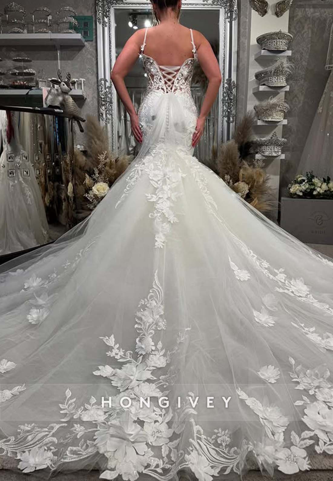 Chapel Train Regular Straps Sleeveless V Neck Lace Crisscross Back Mermaid Wedding Dresses