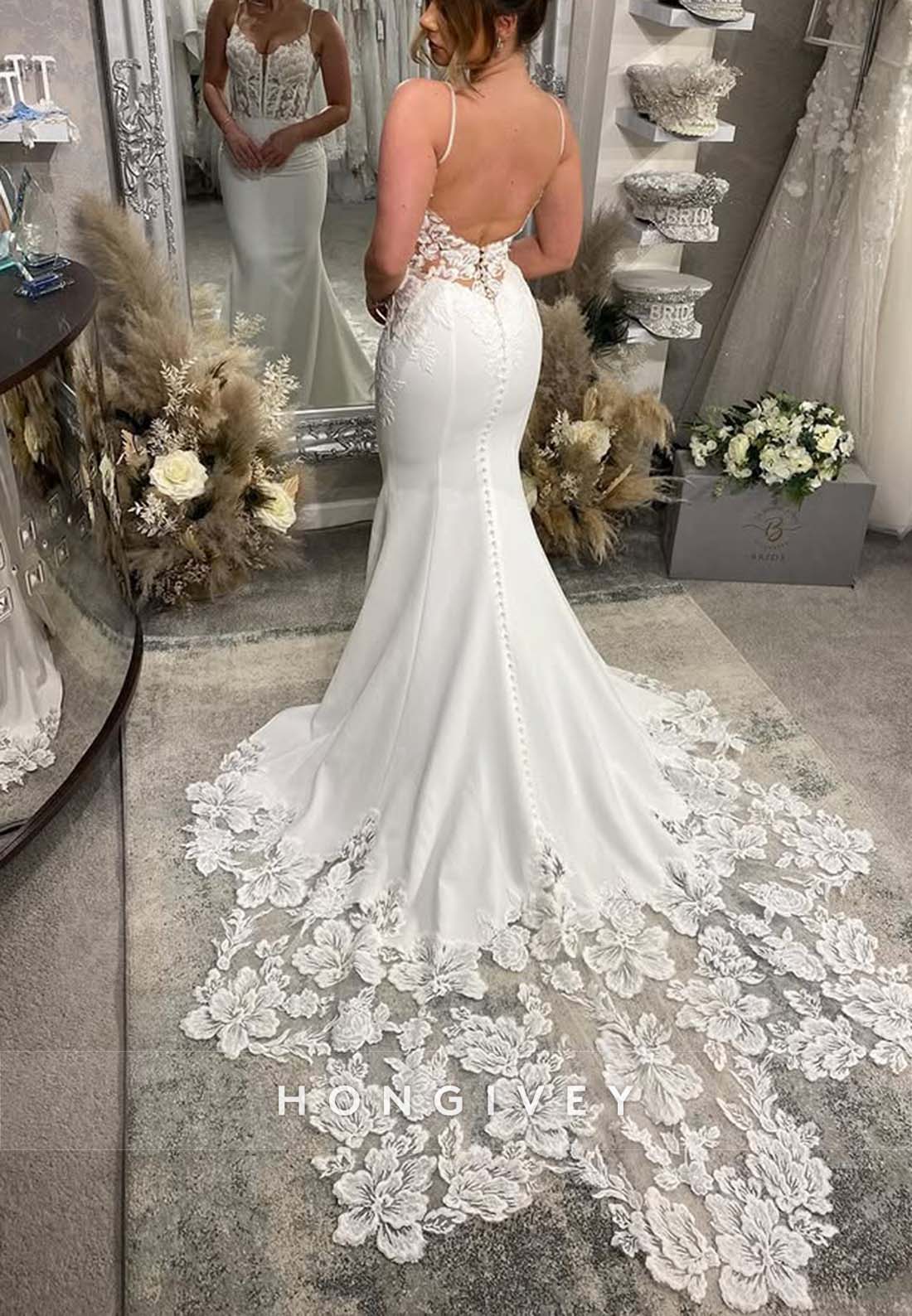 Regular Straps Sleeveless Lace Chapel Train Trumpet V Neck Low Back Wedding Dresses