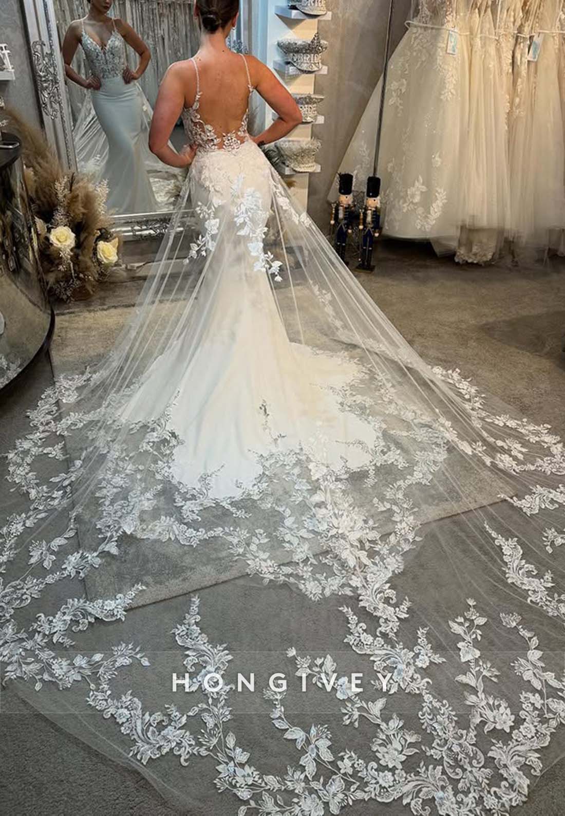 Backless Lace V Neck Pleated Regular Straps Sleeveless Court Train Boho Mermaid Wedding Dresses