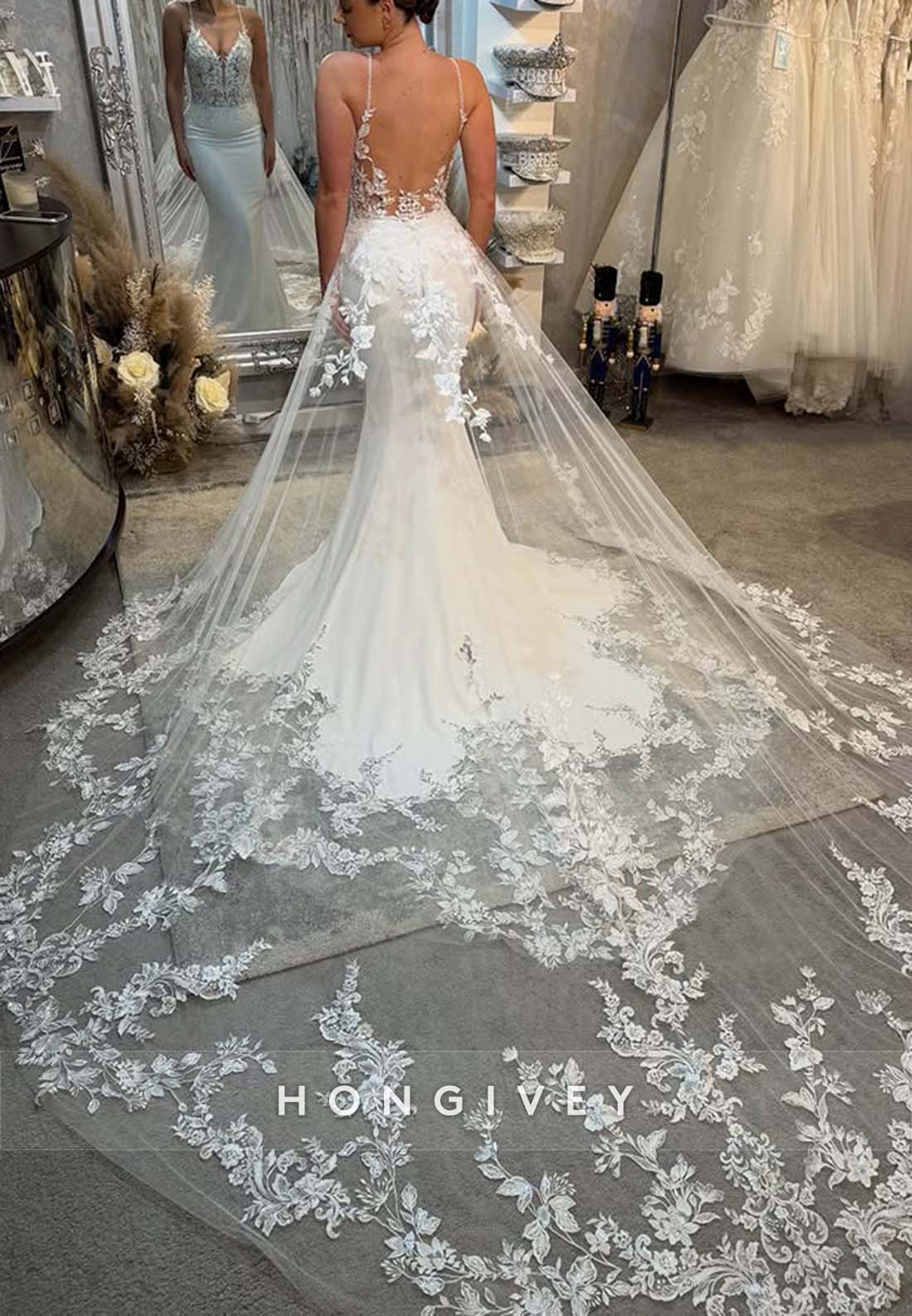 Backless Lace V Neck Pleated Regular Straps Sleeveless Court Train Boho Mermaid Wedding Dresses