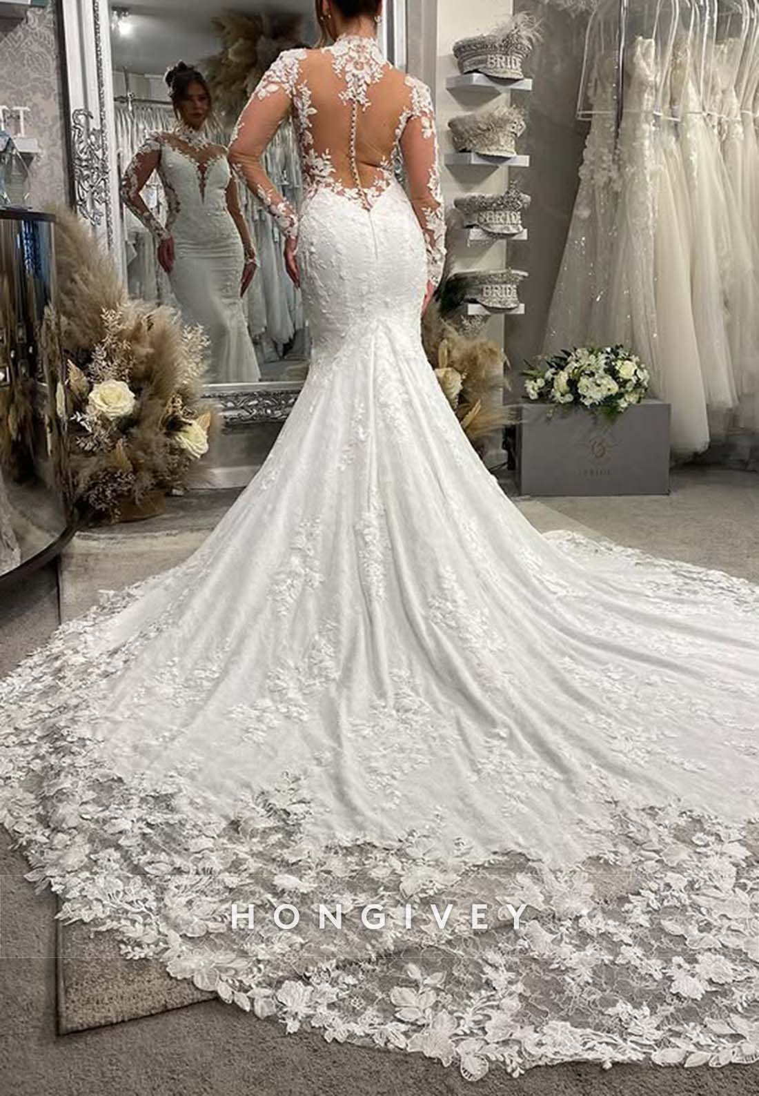 High Neck Lace Illusion Neck Pleated Long Sleeve Boho Mermaid Wedding Dresses