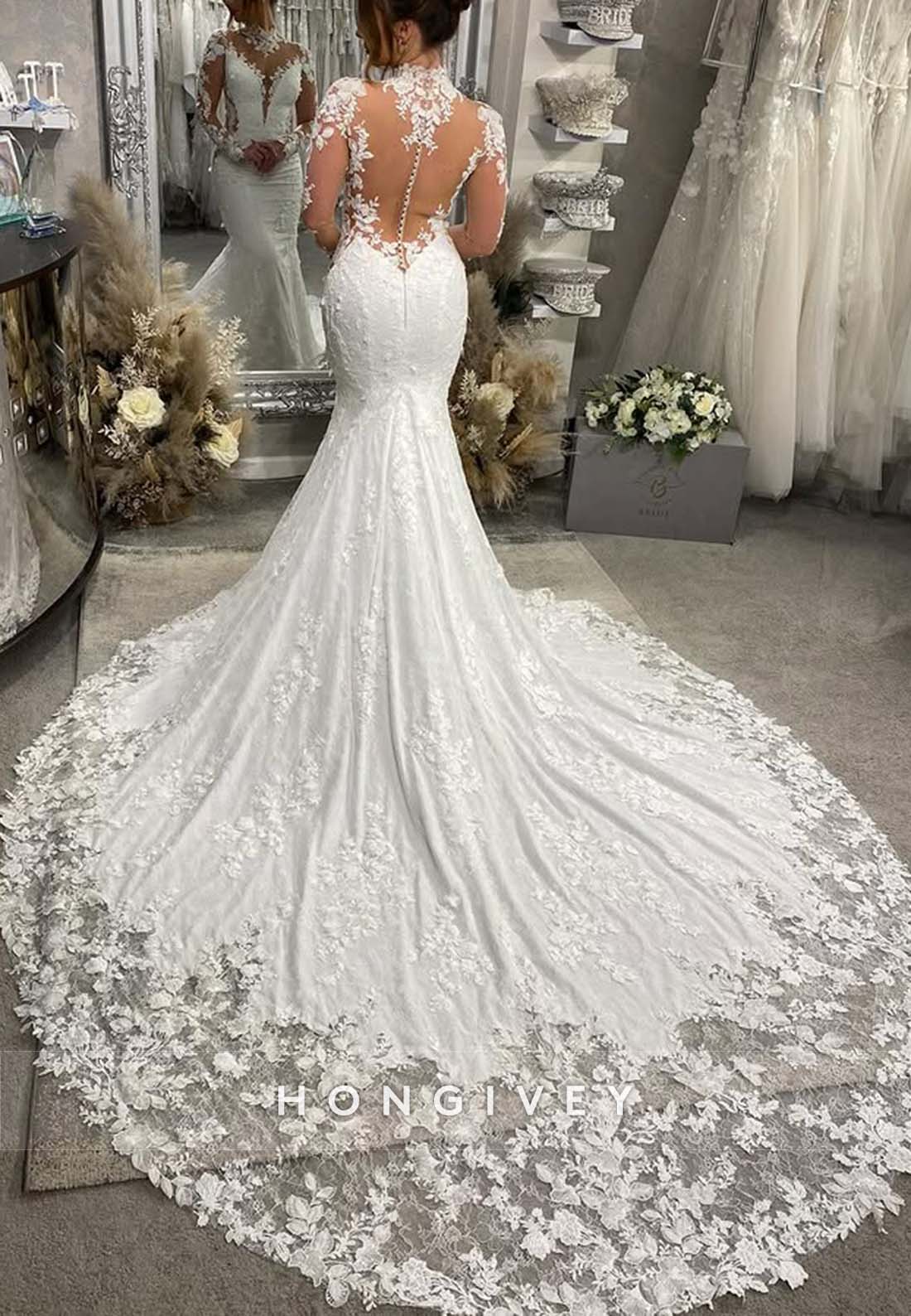 High Neck Lace Illusion Neck Pleated Long Sleeve Boho Mermaid Wedding Dresses