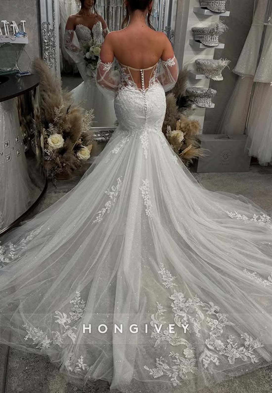 Off the Shoulder Long Sleeve Lace Pleated Chapel Train Low Back Boho Trumpet Wedding Dresses
