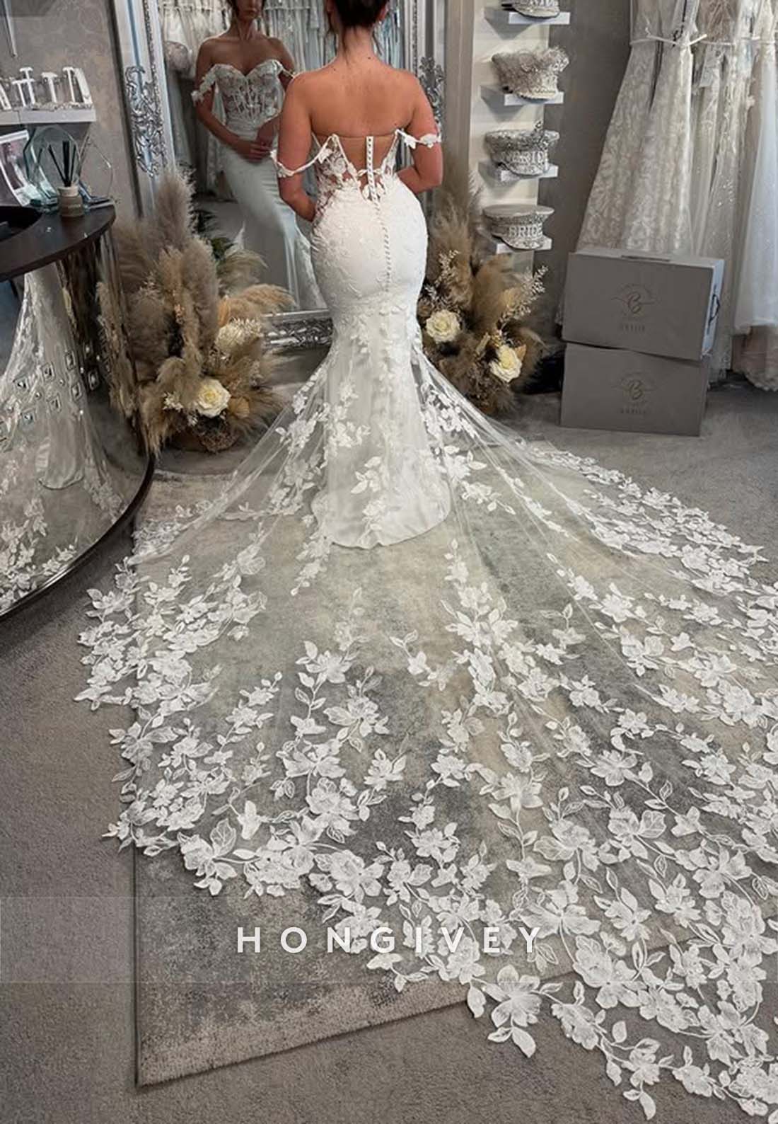 Off the Shoulder Lace Pleated Chapel Train Mermaid Boho Wedding Dresses