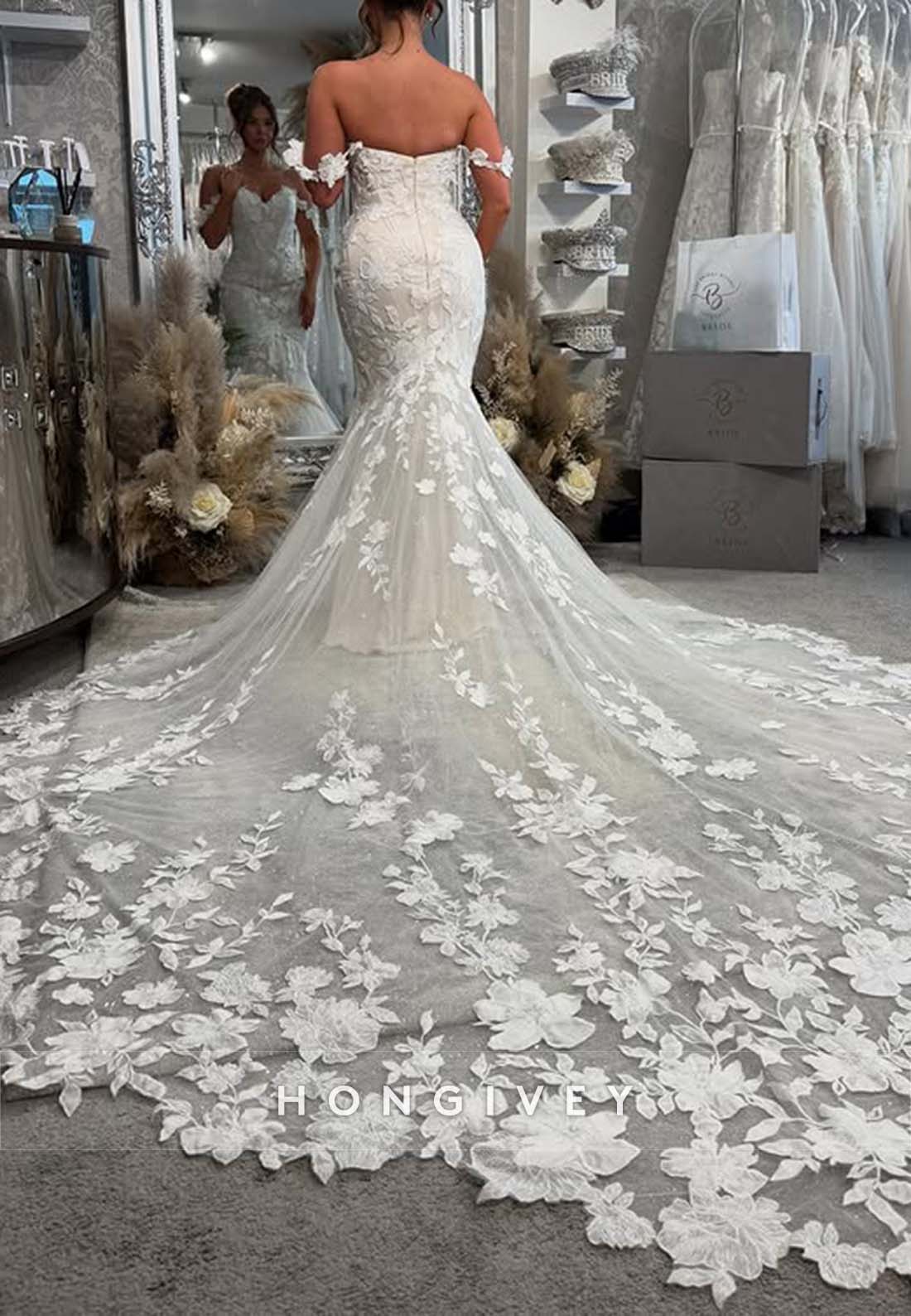 Off the Shoulder Pleated Trumpet Lace Chapel Train Low Back Wedding Dresses