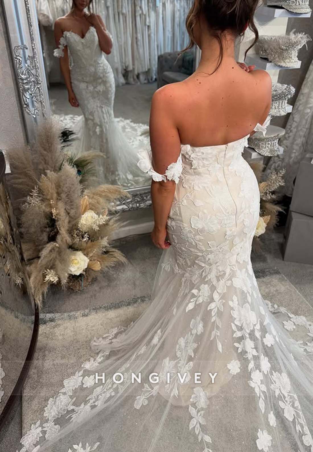 Off the Shoulder Pleated Trumpet Lace Chapel Train Low Back Wedding Dresses