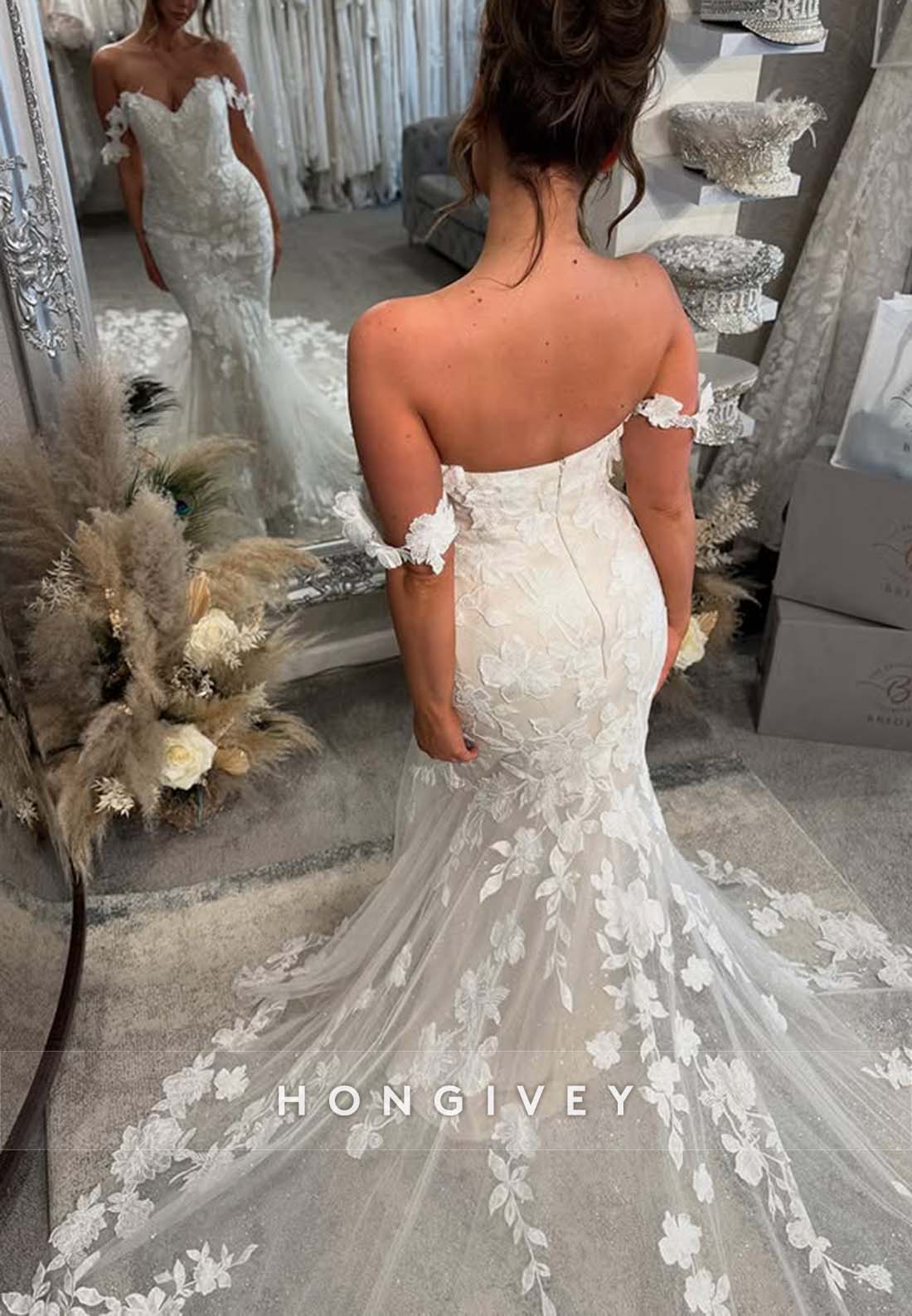 Off the Shoulder Pleated Trumpet Lace Chapel Train Low Back Wedding Dresses
