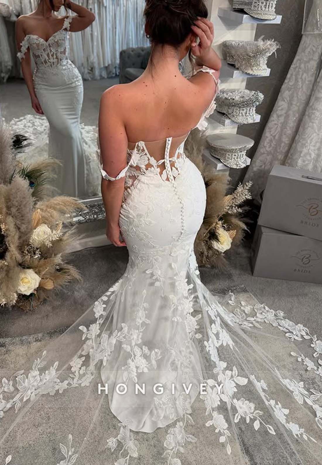 Off the Shoulder Lace Pleated Chapel Train Mermaid Boho Wedding Dresses