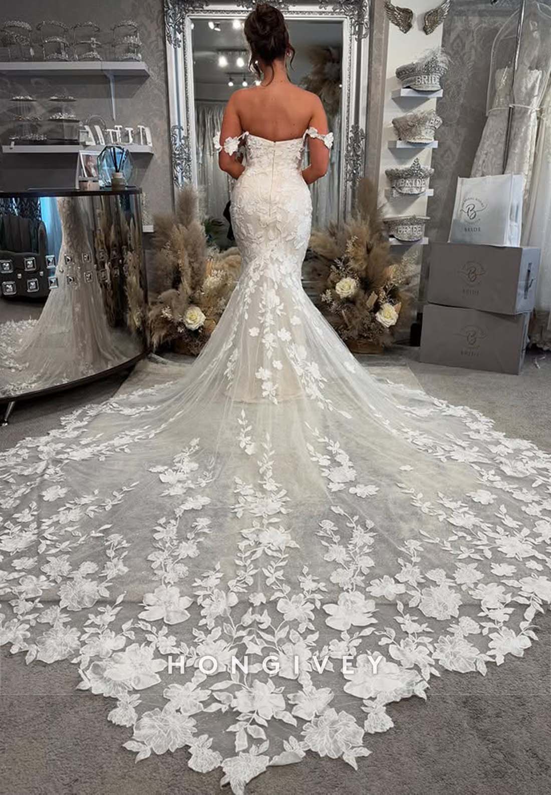 Off the Shoulder Pleated Trumpet Lace Chapel Train Low Back Wedding Dresses