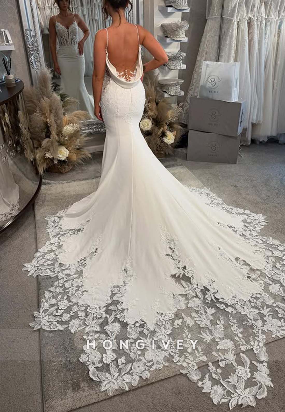 Pleated Trumpet Princess Lace Spaghetti Straps Chapel Train Wedding Dresses