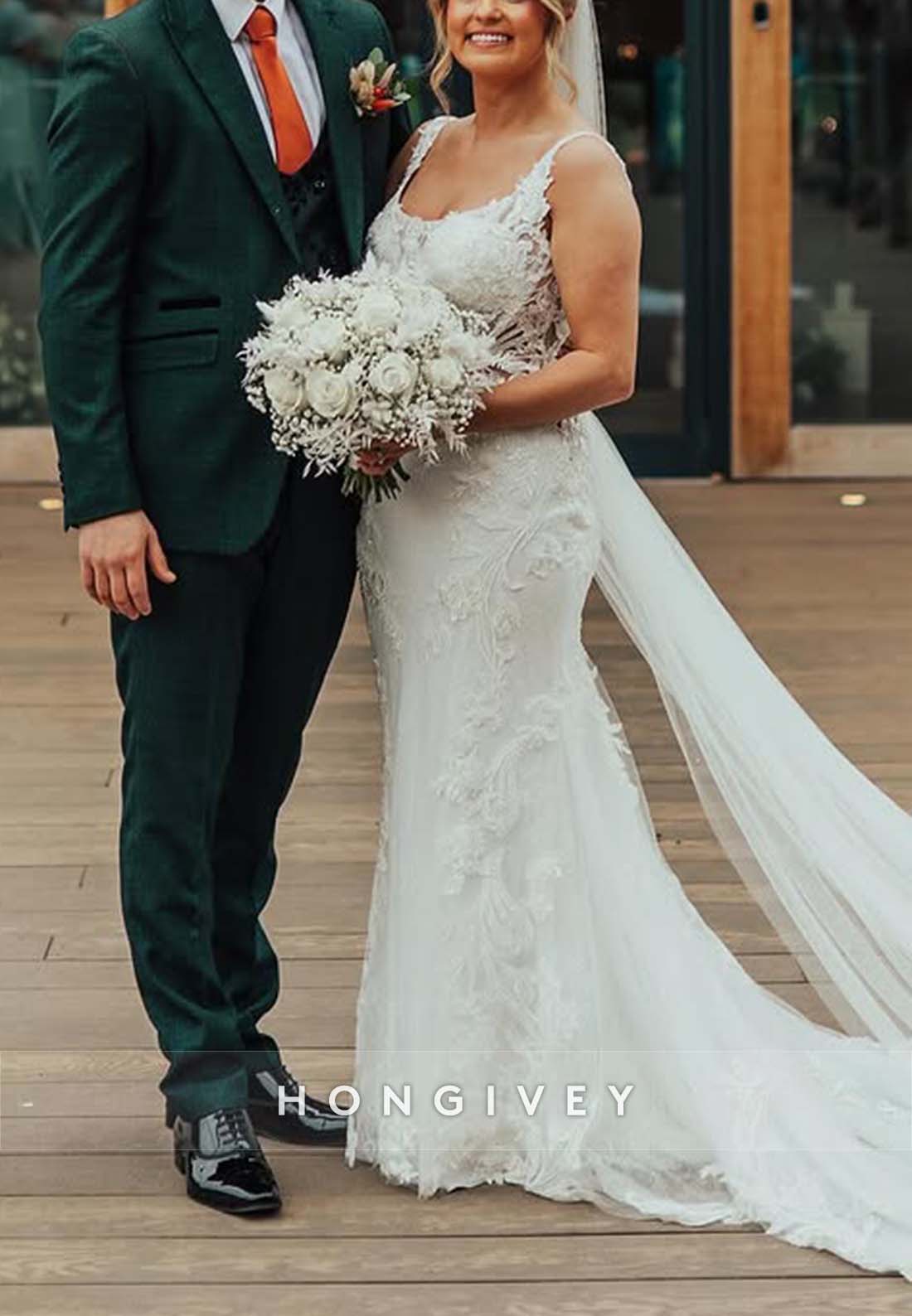 Lace Pleated Sheath Court Train Square Regular Straps Wedding Dresses