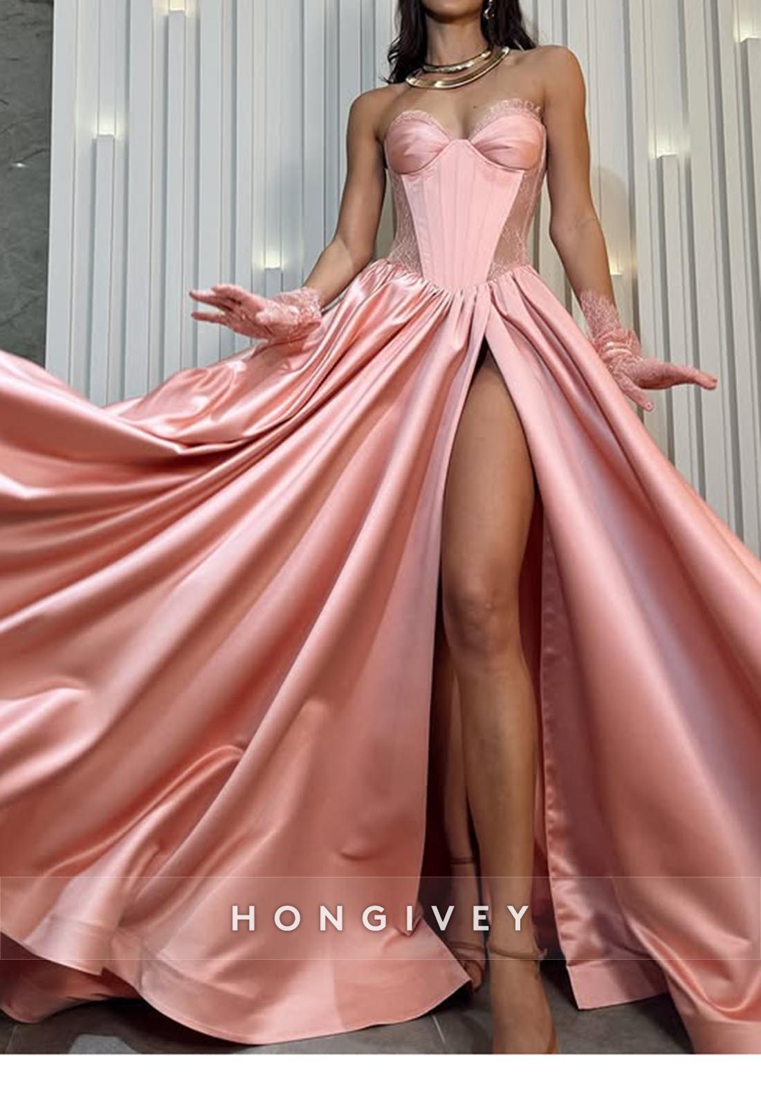 Couture High Slit Sweetheart Wedding Guest Dresses with Lace Gloves