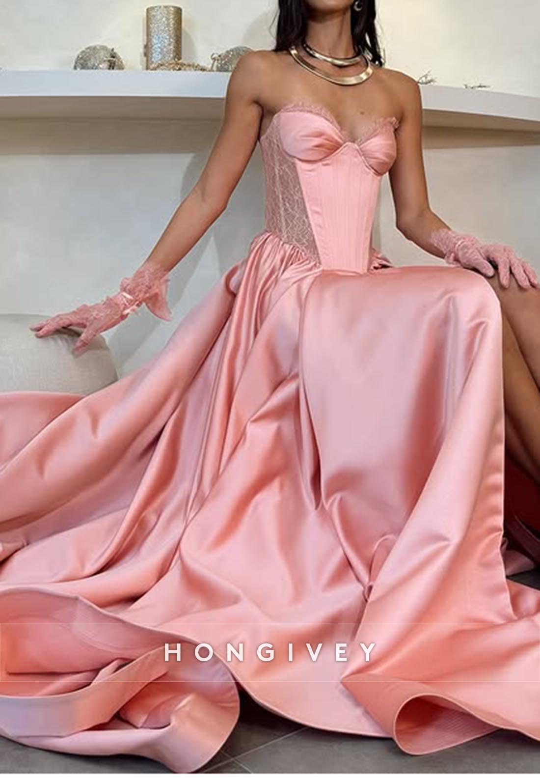 Couture High Slit Sweetheart Wedding Guest Dresses with Lace Gloves