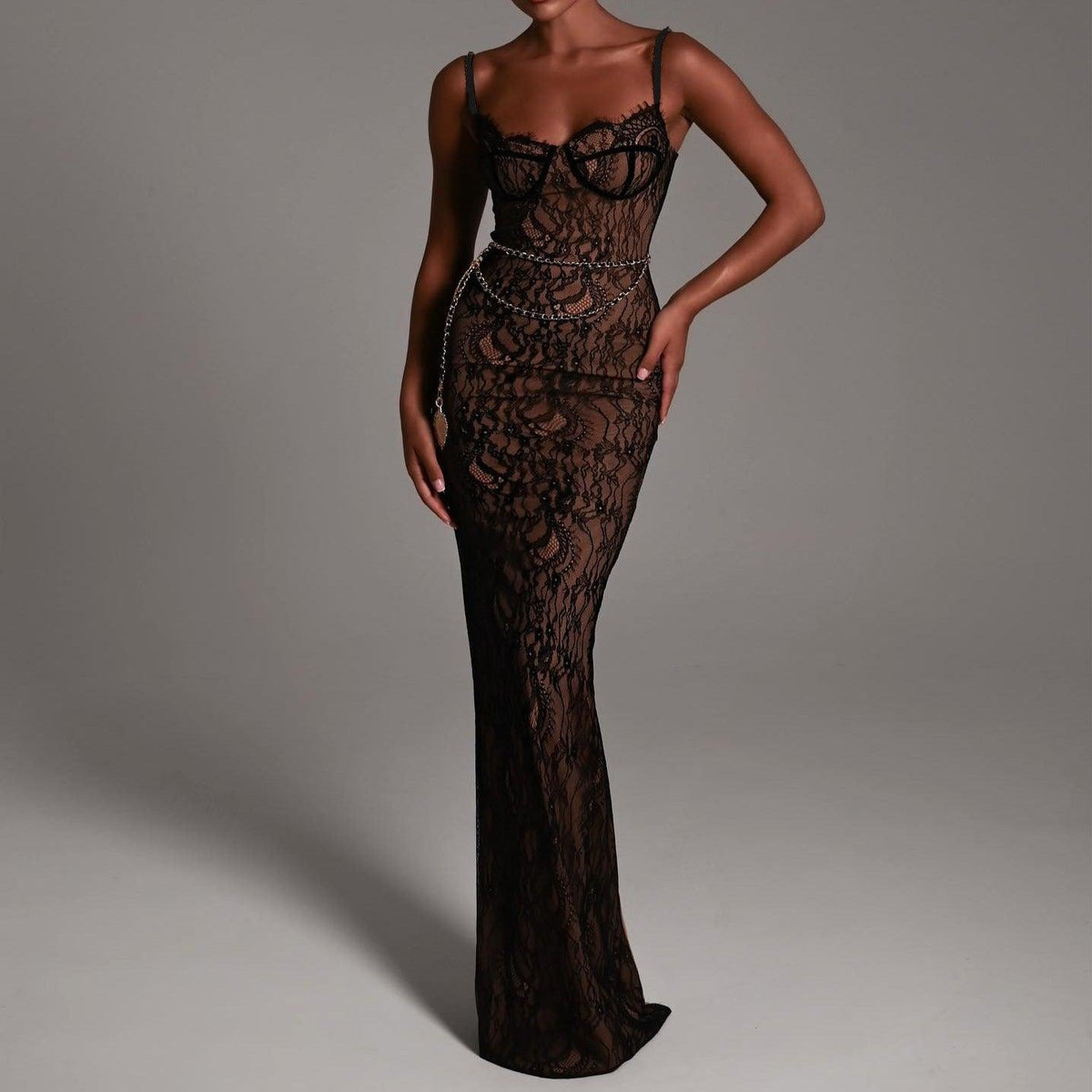 Sheer Lace Spaghetti Strap Chain Belt Bodycon Maxi Dress