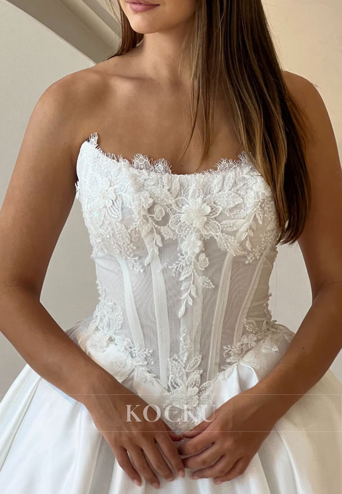 Romantic Strapless Ball Gown Wedding Dress with Lace Corset and Satin Skirt