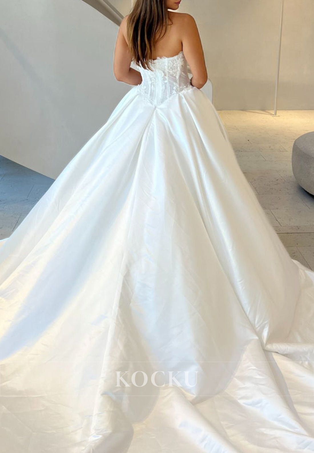 Romantic Strapless Ball Gown Wedding Dress with Lace Corset and Satin Skirt