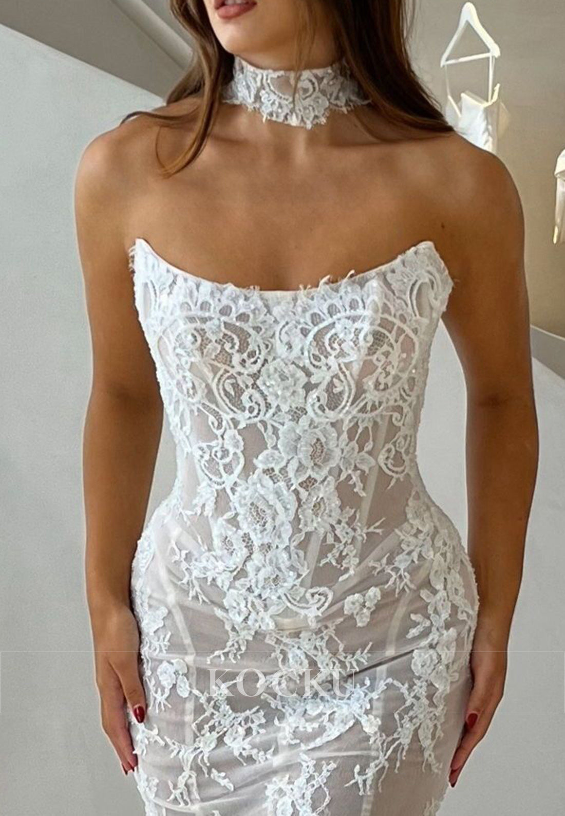 Strapless Sheer Lace Mermaid Wedding Dress with Choker Neckline