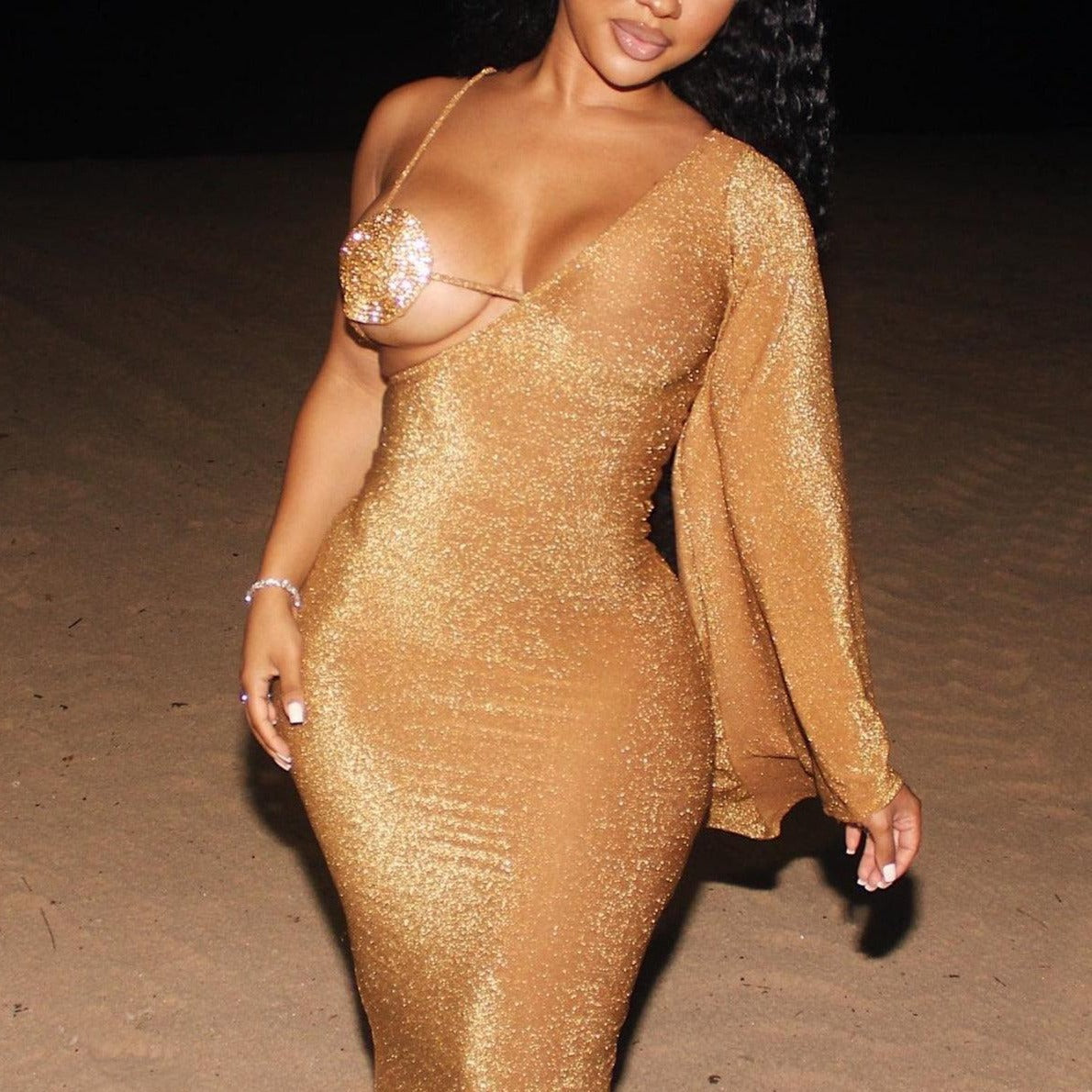 Glitter Rhinestone Bralette Spaghetti-Strap Bodycon Maxi Dress 2