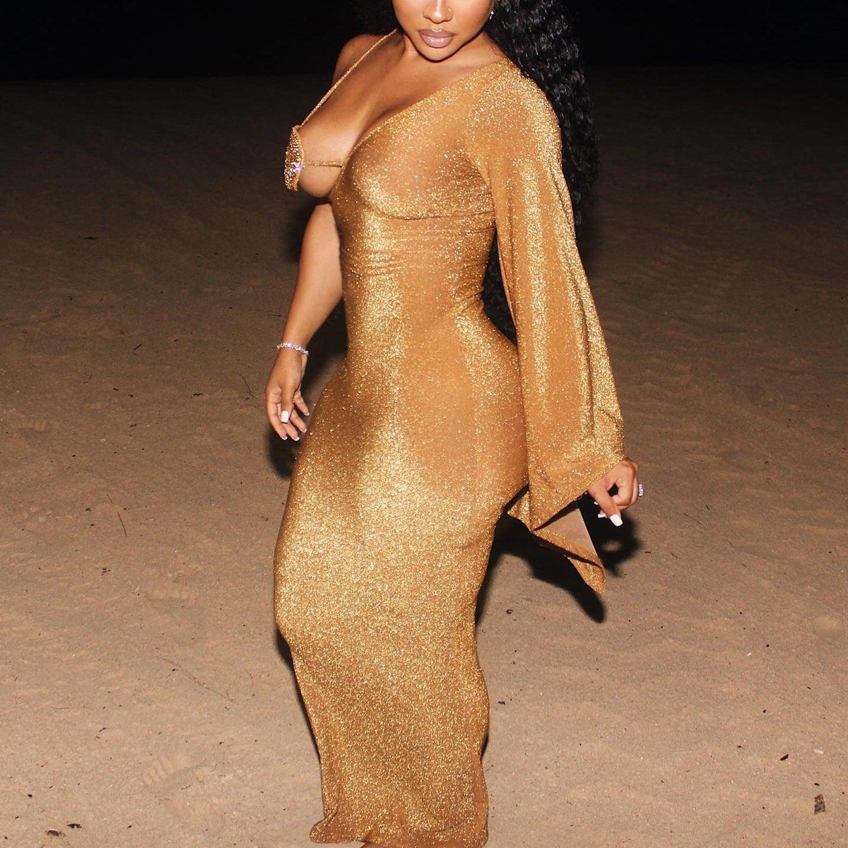 Glitter Rhinestone Bralette Spaghetti-Strap Bodycon Maxi Dress 4